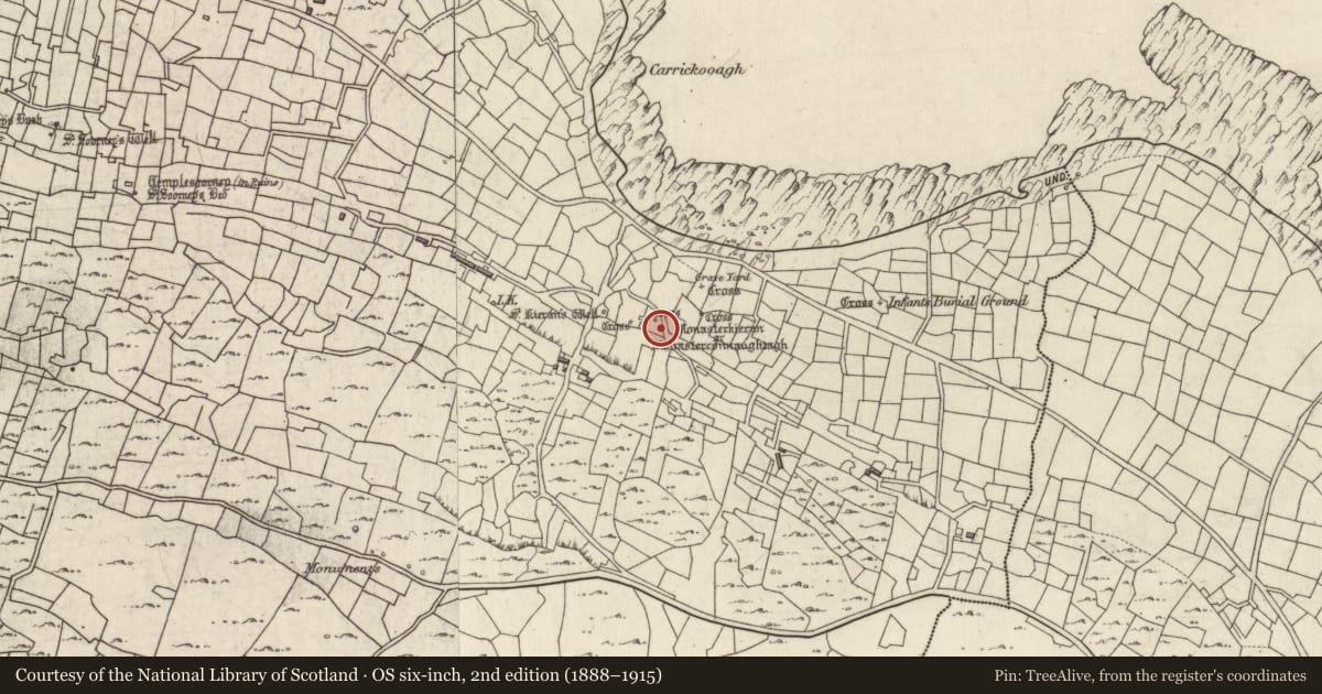 Ordnance Survey six-inch map, 2nd edition (1888–1915) covering the location of Sundial, Eochaill (Bar. Árainn), County Galway, with a pin at the register's coordinates