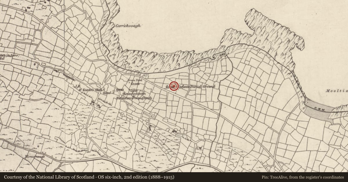 Ordnance Survey six-inch map, 2nd edition (1888–1915) covering the location of Children's burial ground, Eochaill (Bar. Árainn), County Galway, with a pin at the register's coordinates