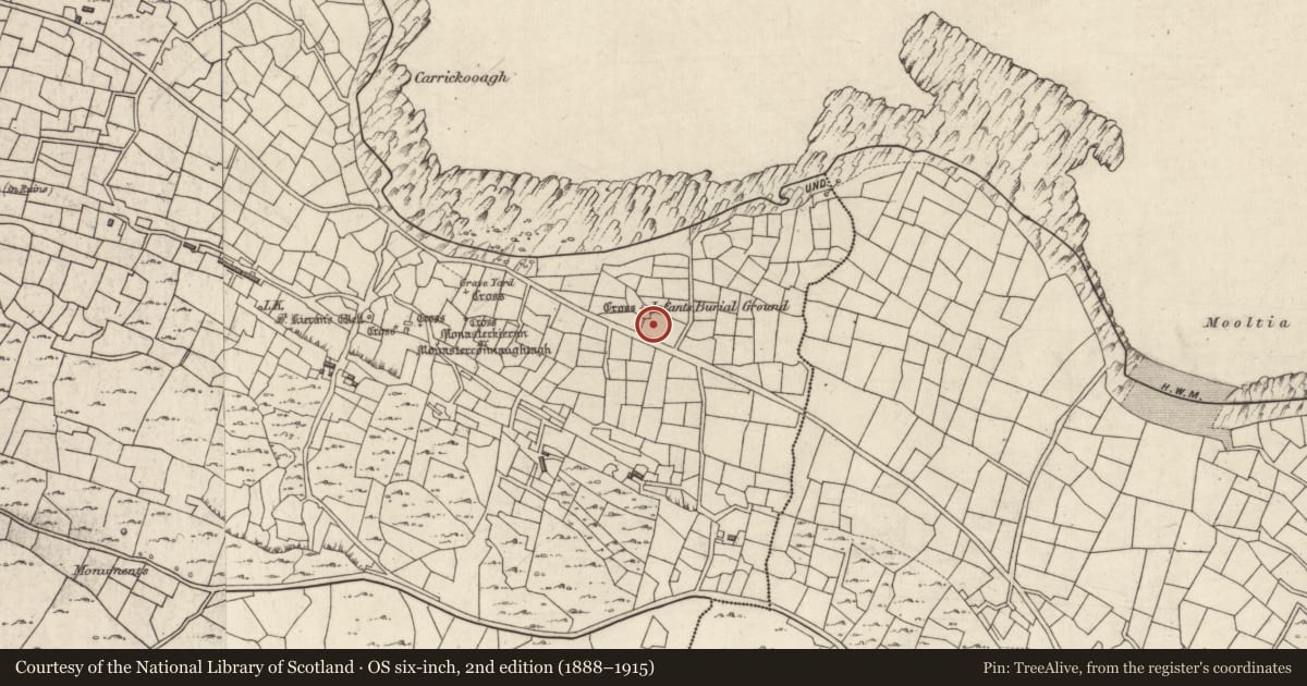 Ordnance Survey six-inch map, 2nd edition (1888–1915) covering the location of Cross-slab, Eochaill (Bar. Árainn), County Galway, with a pin at the register's coordinates