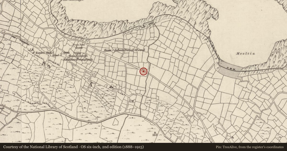 Ordnance Survey six-inch map, 2nd edition (1888–1915) covering the location of Cross, Eochaill (Bar. Árainn), County Galway, with a pin at the register's coordinates