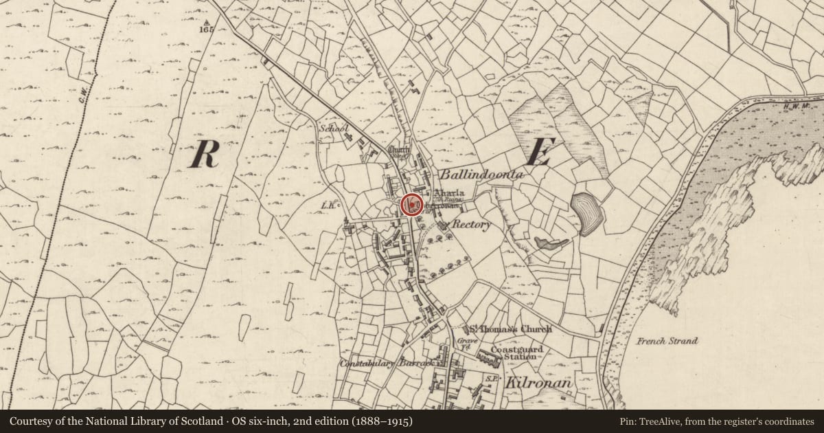 Ordnance Survey six-inch map, 2nd edition (1888–1915) covering the location of Ritual site - holy well, Cill Éinne, County Galway, with a pin at the register's coordinates
