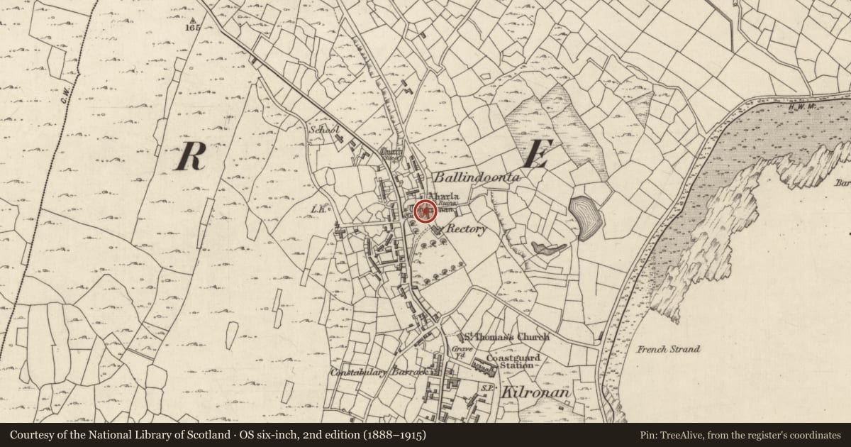 Ordnance Survey six-inch map, 2nd edition (1888–1915) covering the location of Enclosure, Cill Éinne, County Galway, with a pin at the register's coordinates