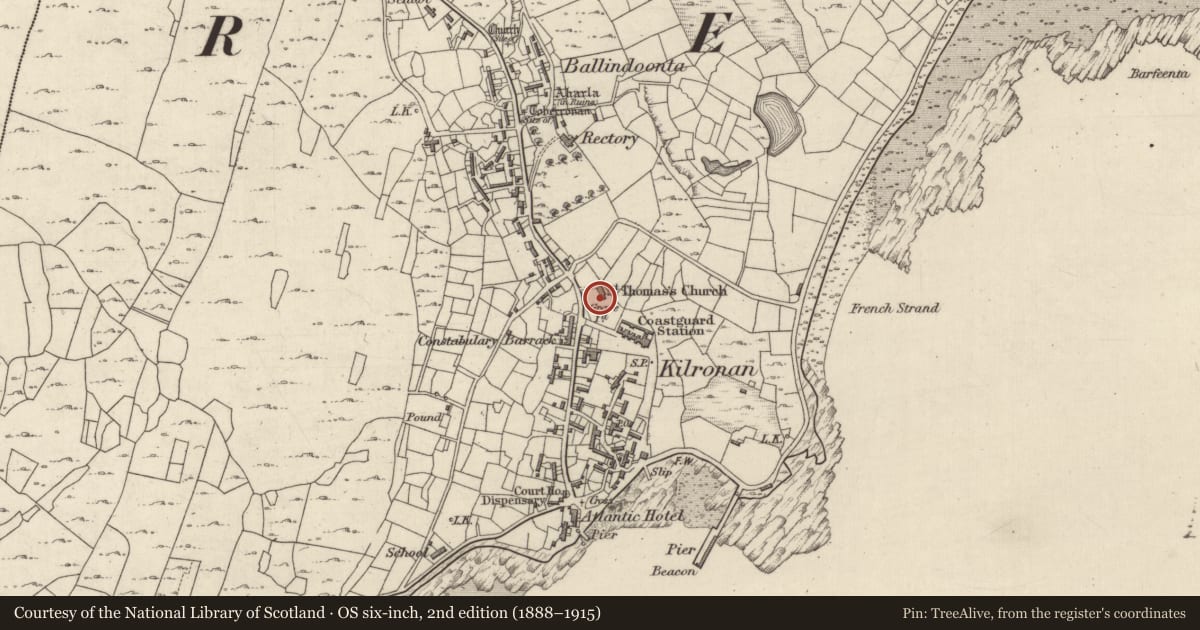 Ordnance Survey six-inch map, 2nd edition (1888–1915) covering the location of Church, Cill Éinne, County Galway, with a pin at the register's coordinates