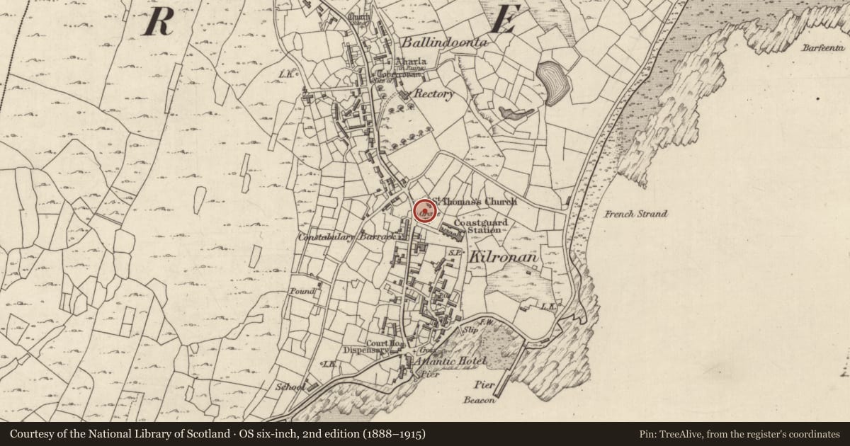 Ordnance Survey six-inch map, 2nd edition (1888–1915) covering the location of Graveyard, Cill Éinne, County Galway, with a pin at the register's coordinates