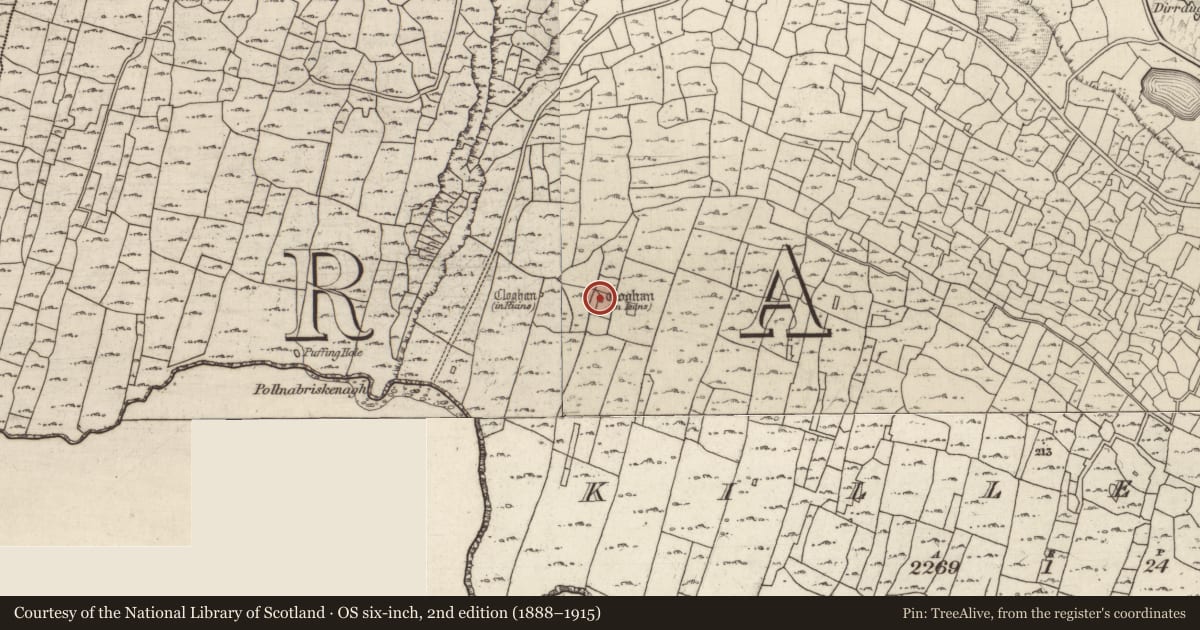 Ordnance Survey six-inch map, 2nd edition (1888–1915) covering the location of Clochan, Cill Éinne, County Galway, with a pin at the register's coordinates