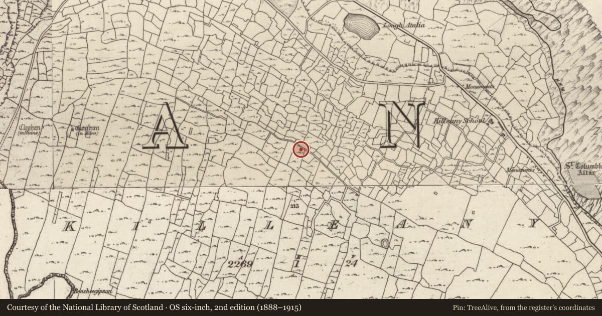 Ordnance Survey six-inch map, 2nd edition (1888–1915) covering the location of Hut site, Cill Éinne, County Galway, with a pin at the register's coordinates