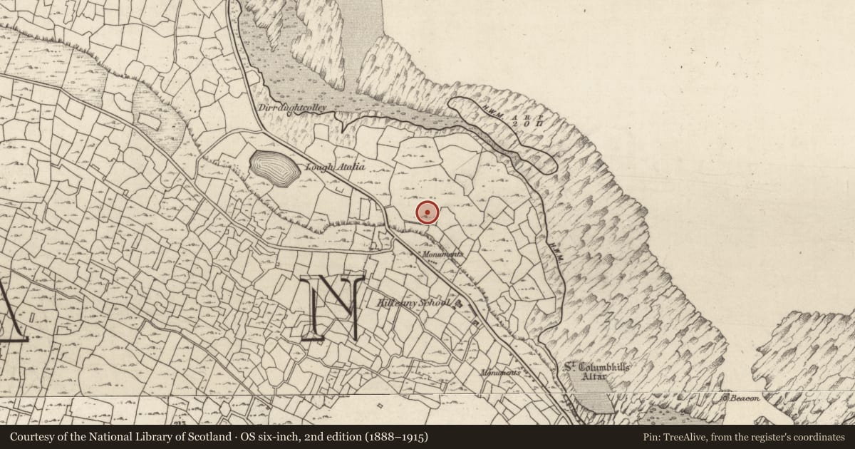 Ordnance Survey six-inch map, 2nd edition (1888–1915) covering the location of Cross, Cill Éinne, County Galway, with a pin at the register's coordinates