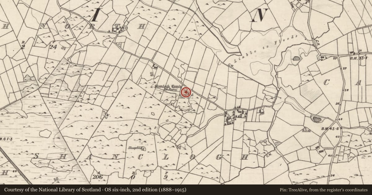 Ordnance Survey six-inch map, 2nd edition (1888–1915) covering the location of Children's burial ground, Shanclogh, County Galway, with a pin at the register's coordinates