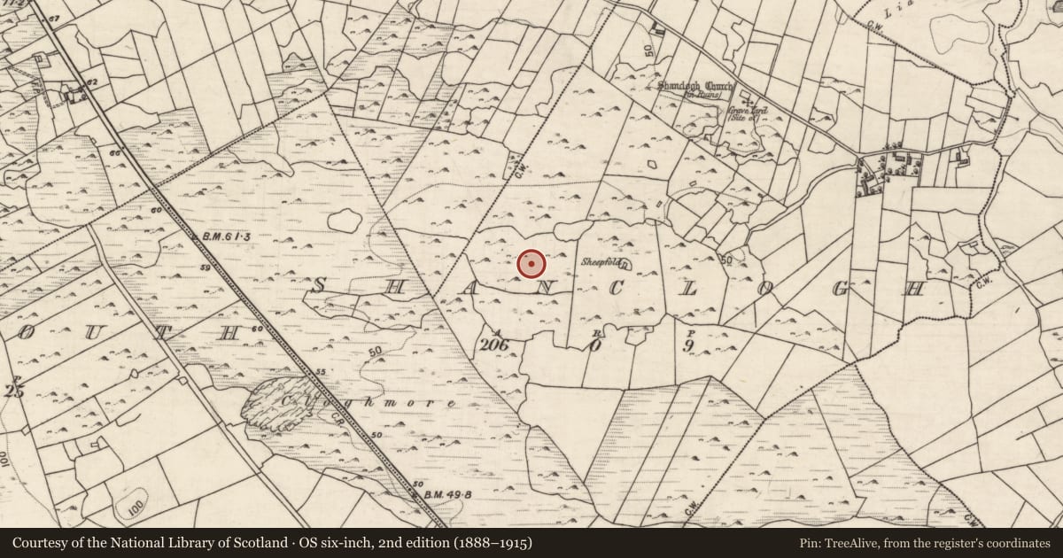 Ordnance Survey six-inch map, 2nd edition (1888–1915) covering the location of Enclosure, Shanclogh, County Galway, with a pin at the register's coordinates