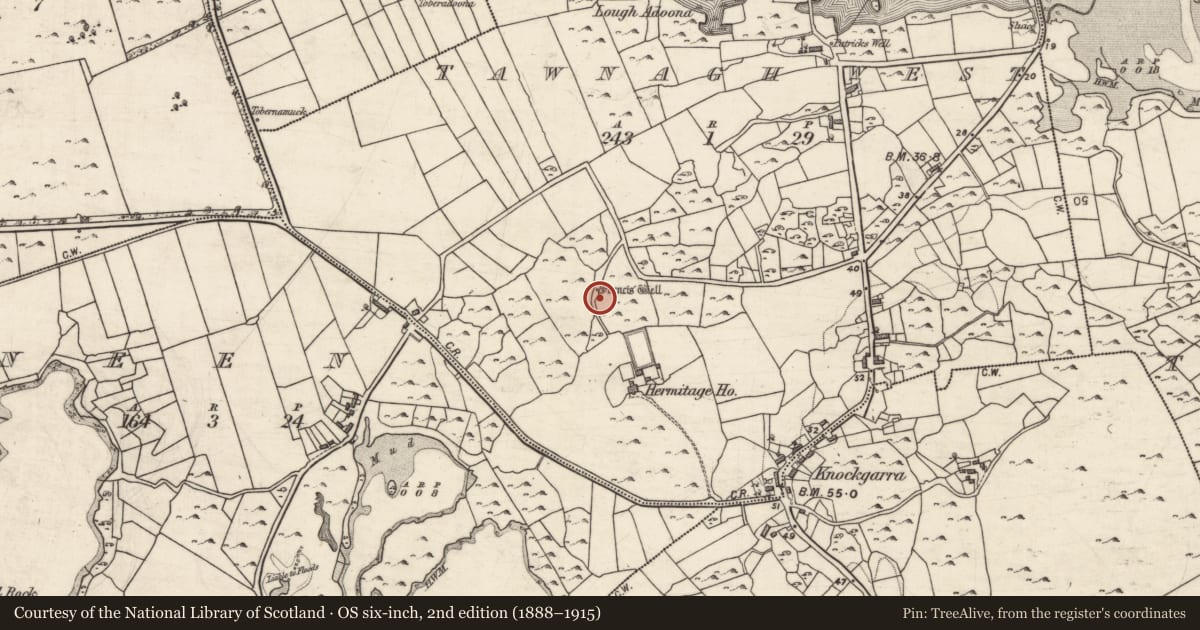 Ordnance Survey six-inch map, 2nd edition (1888–1915) covering the location of Ritual site - holy well, Tawnagh West, County Galway, with a pin at the register's coordinates