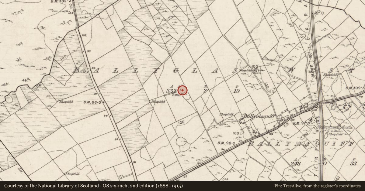 Ordnance Survey six-inch map, 2nd edition (1888–1915) covering the location of Souterrain, Ballyglass West, County Galway, with a pin at the register's coordinates