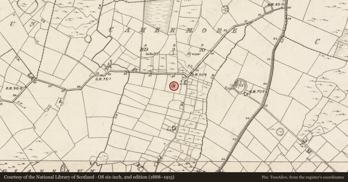 Ordnance Survey six-inch map, 2nd edition (1888–1915) covering the location of Children's burial ground, Cahermore, County Galway, with a pin at the register's coordinates