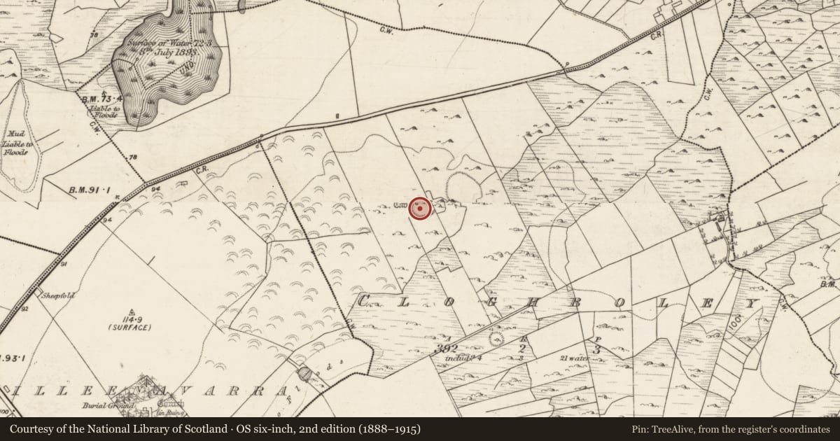 Ordnance Survey six-inch map, 2nd edition (1888–1915) covering the location of Souterrain, Cloghboley, County Galway, with a pin at the register's coordinates