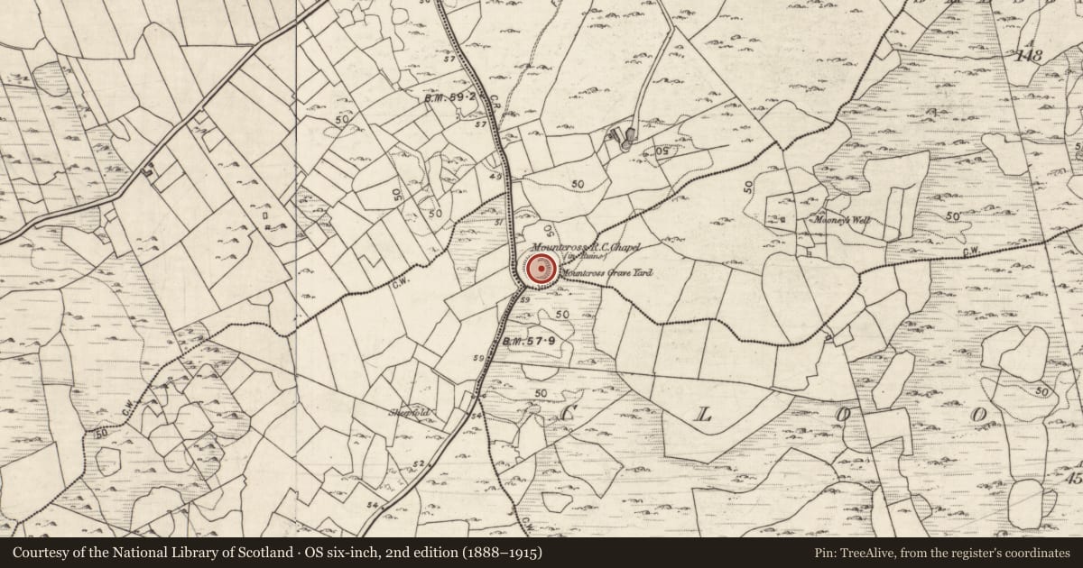 Ordnance Survey six-inch map, 2nd edition (1888–1915) covering the location of Chapel, Kinvarra, County Galway, with a pin at the register's coordinates