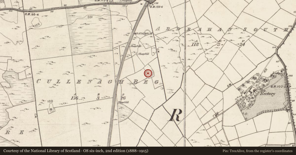 Ordnance Survey six-inch map, 2nd edition (1888–1915) covering the location of Souterrain, Cullenagh Beg, County Galway, with a pin at the register's coordinates
