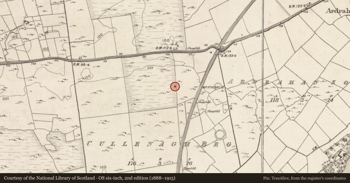 Ordnance Survey six-inch map, 2nd edition (1888–1915) covering the location of Souterrain, Cullenagh Beg, County Galway, with a pin at the register's coordinates