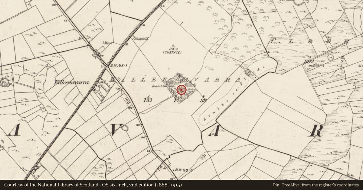 Ordnance Survey six-inch map, 2nd edition (1888–1915) covering the location of Church, Killeenavarra, County Galway, with a pin at the register's coordinates