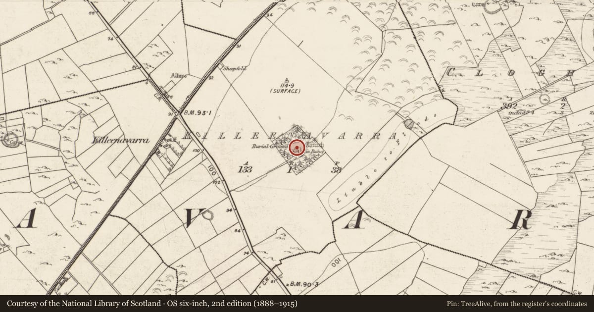 Ordnance Survey six-inch map, 2nd edition (1888–1915) covering the location of Graveyard, Killeenavarra, County Galway, with a pin at the register's coordinates