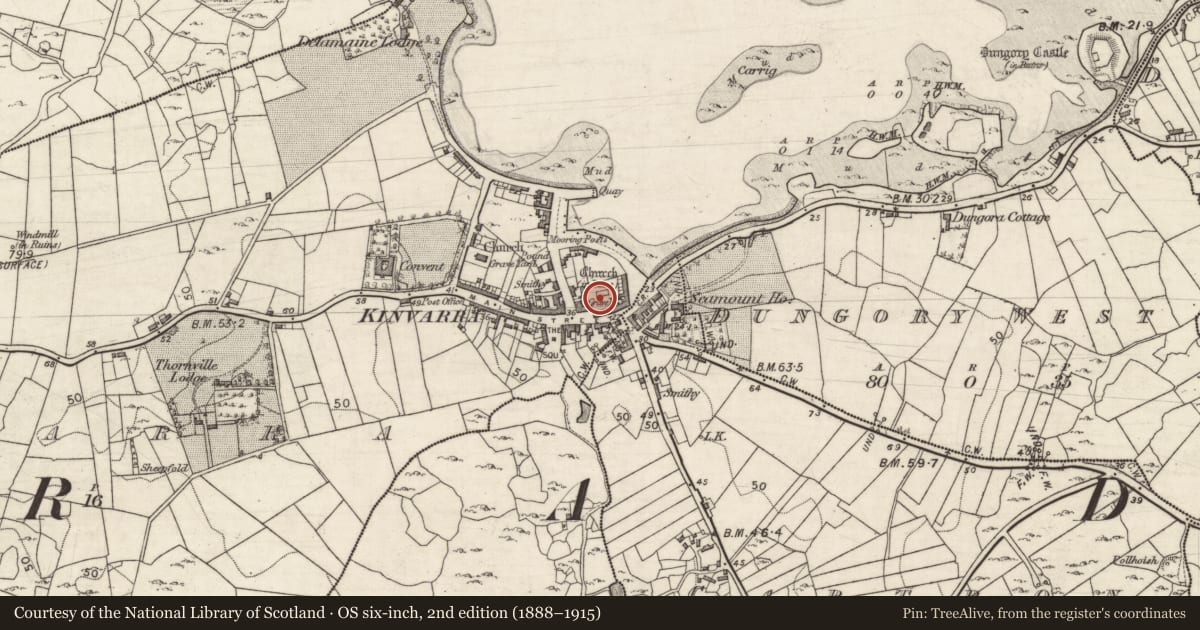 Ordnance Survey six-inch map, 2nd edition (1888–1915) covering the location of Church, Kinvarra, County Galway, with a pin at the register's coordinates