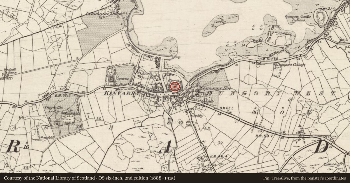 Ordnance Survey six-inch map, 2nd edition (1888–1915) covering the location of Graveyard, Kinvarra, County Galway, with a pin at the register's coordinates