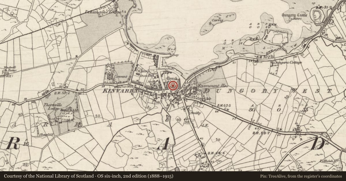 Ordnance Survey six-inch map, 2nd edition (1888–1915) covering the location of Graveslab, Kinvarra, County Galway, with a pin at the register's coordinates