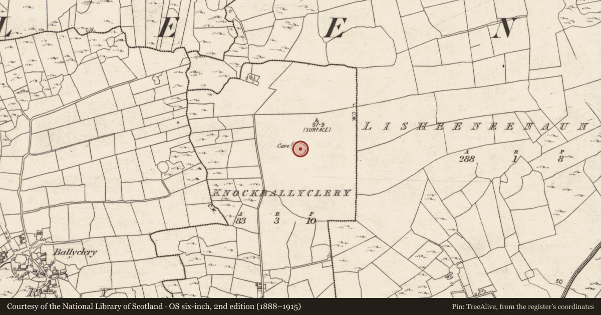 Ordnance Survey six-inch map, 2nd edition (1888–1915) covering the location of Ringfort - rath, Knockballyclery, County Galway, with a pin at the register's coordinates