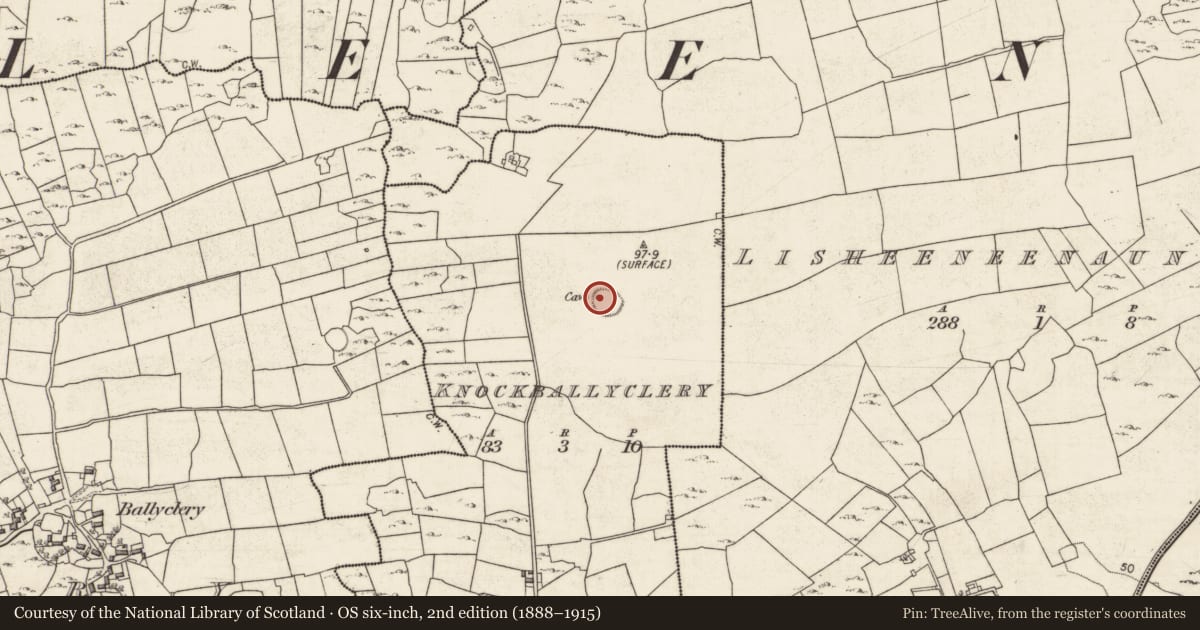 Ordnance Survey six-inch map, 2nd edition (1888–1915) covering the location of Souterrain, Knockballyclery, County Galway, with a pin at the register's coordinates