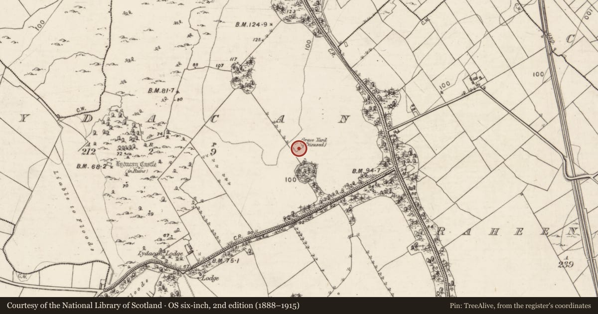 Ordnance Survey six-inch map, 2nd edition (1888–1915) covering the location of Children's burial ground, Lydacan, County Galway, with a pin at the register's coordinates