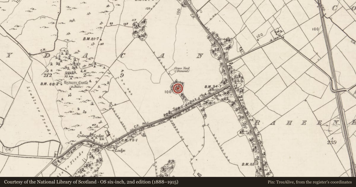 Ordnance Survey six-inch map, 2nd edition (1888–1915) covering the location of Souterrain, Lydacan, County Galway, with a pin at the register's coordinates