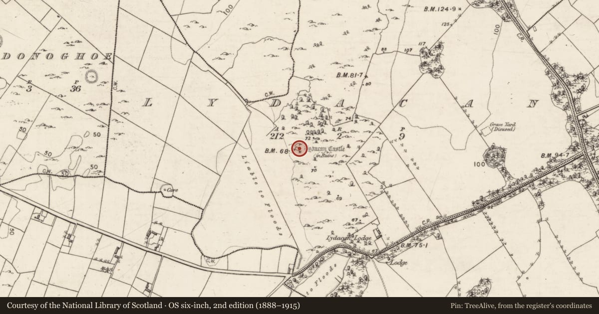 Ordnance Survey six-inch map, 2nd edition (1888–1915) covering the location of Bawn, Lydacan, County Galway, with a pin at the register's coordinates