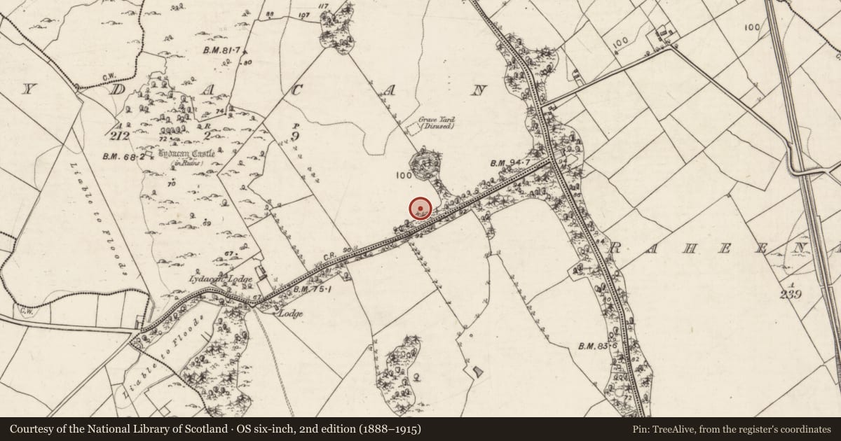 Ordnance Survey six-inch map, 2nd edition (1888–1915) covering the location of Bullaun stone, Lydacan, County Galway, with a pin at the register's coordinates