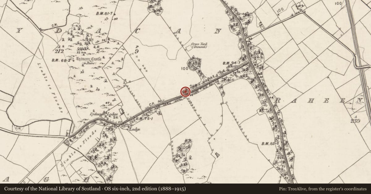Ordnance Survey six-inch map, 2nd edition (1888–1915) covering the location of Barrow - mound barrow, Lydacan, County Galway, with a pin at the register's coordinates