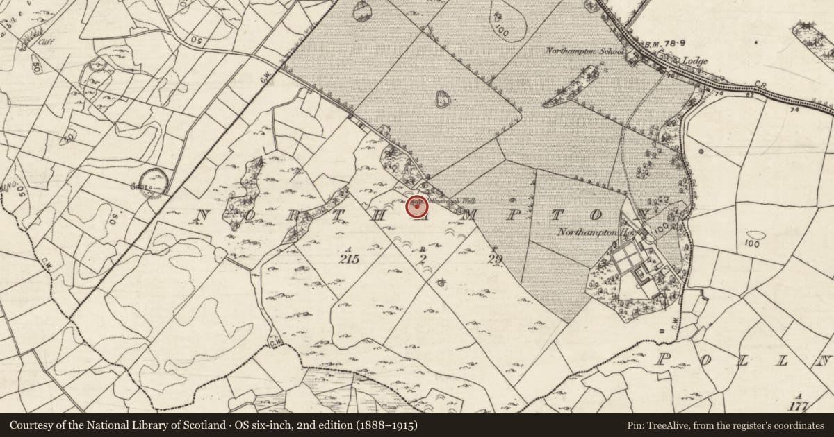 Ordnance Survey six-inch map, 2nd edition (1888–1915) covering the location of Ritual site - holy well, Northampton, County Galway, with a pin at the register's coordinates
