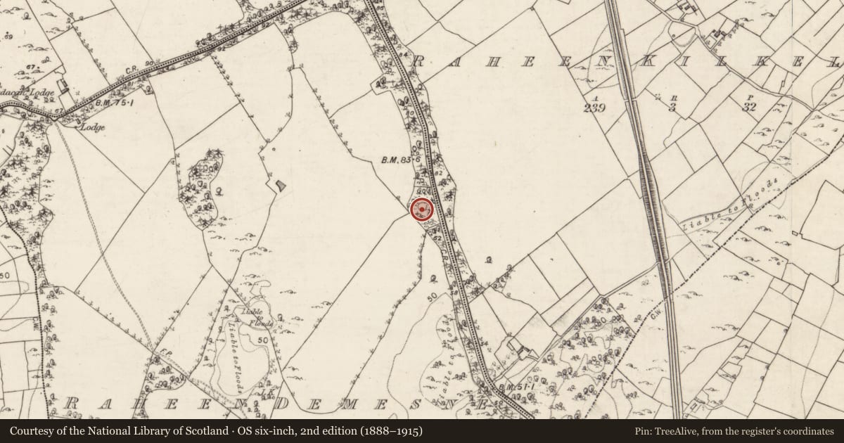 Ordnance Survey six-inch map, 2nd edition (1888–1915) covering the location of Barrow - embanked barrow, Raheen Demesne, County Galway, with a pin at the register's coordinates