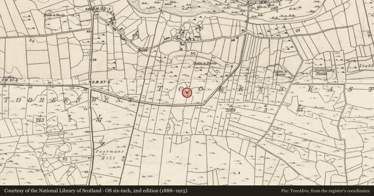Ordnance Survey six-inch map, 2nd edition (1888–1915) covering the location of Field boundary, Tooreen East, County Galway, with a pin at the register's coordinates