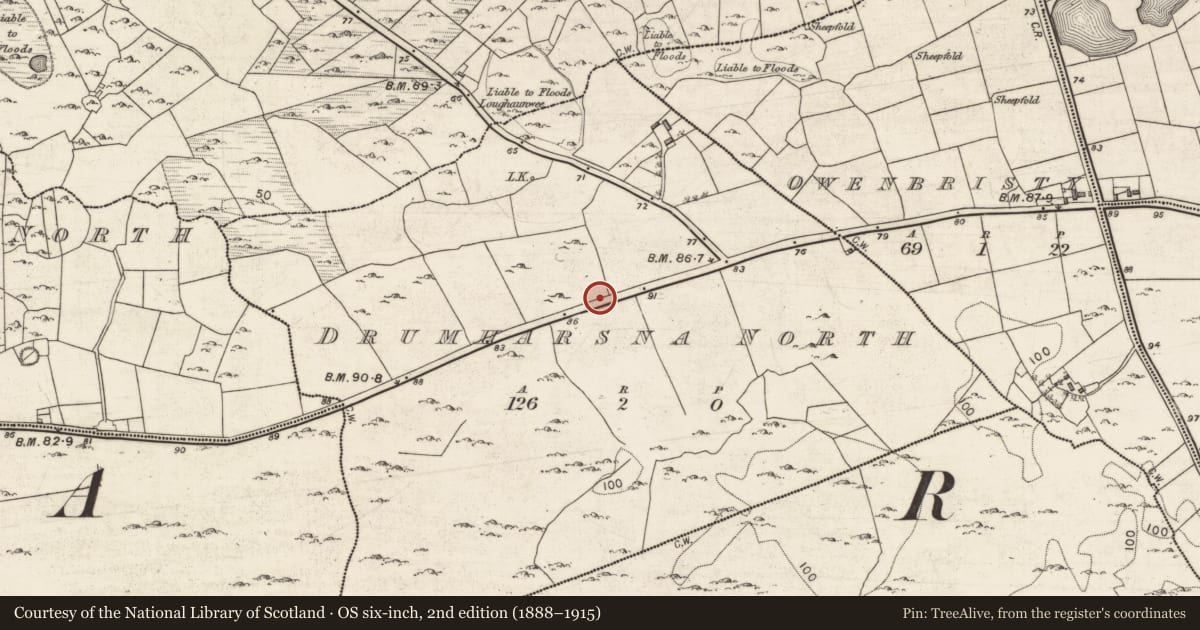 Ordnance Survey six-inch map, 2nd edition (1888–1915) covering the location of Enclosure, Drumharsna North, County Galway, with a pin at the register's coordinates