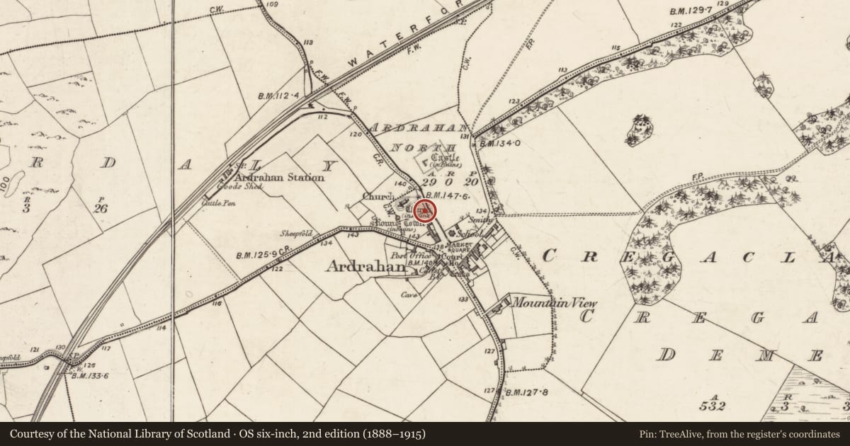 Ordnance Survey six-inch map, 2nd edition (1888–1915) covering the location of Historic town, County Galway, with a pin at the register's coordinates