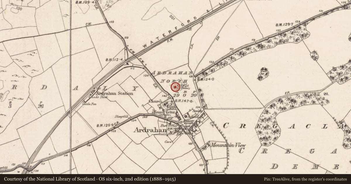 Ordnance Survey six-inch map, 2nd edition (1888–1915) covering the location of Moated site, Ardrahan North, County Galway, with a pin at the register's coordinates