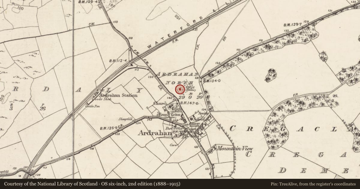 Ordnance Survey six-inch map, 2nd edition (1888–1915) covering the location of Castle - Anglo-Norman masonry castle, Ardrahan North, County Galway, with a pin at the register's coordinates