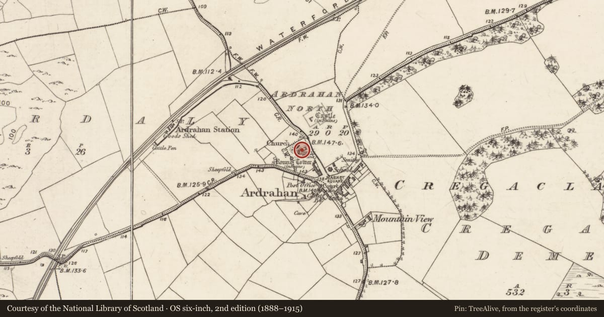 Ordnance Survey six-inch map, 2nd edition (1888–1915) covering the location of Church, Ardrahan North, County Galway, with a pin at the register's coordinates