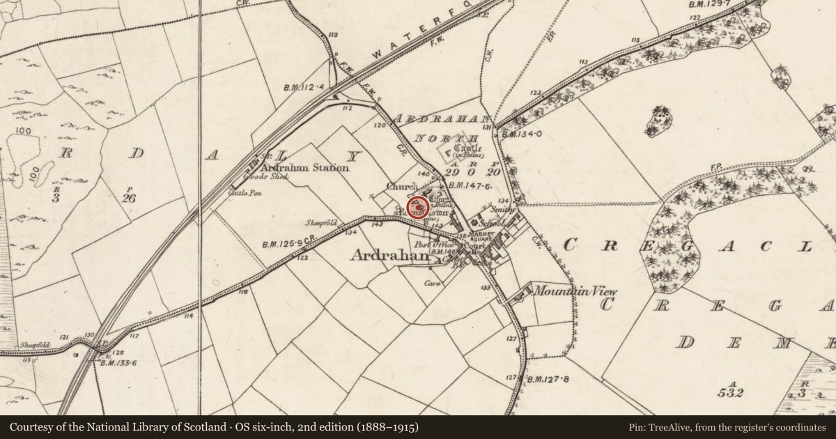 Ordnance Survey six-inch map, 2nd edition (1888–1915) covering the location of Round tower, Ardrahan North, County Galway, with a pin at the register's coordinates