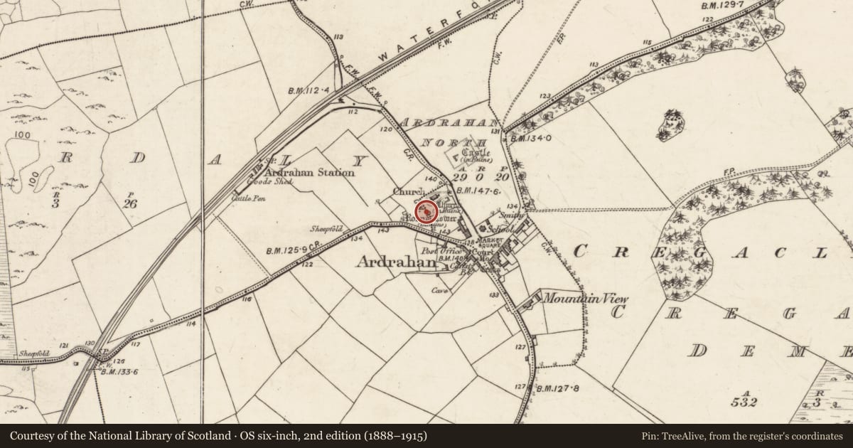 Ordnance Survey six-inch map, 2nd edition (1888–1915) covering the location of Souterrain, Ardrahan North, County Galway, with a pin at the register's coordinates