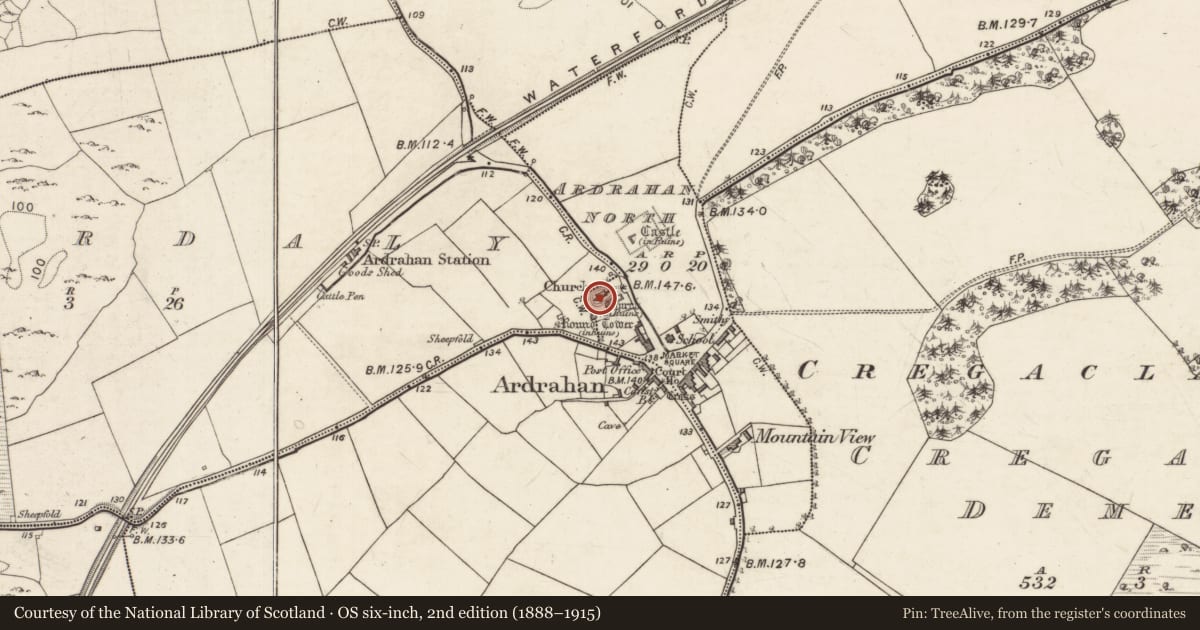 Ordnance Survey six-inch map, 2nd edition (1888–1915) covering the location of Cross-slab, Ardrahan North, County Galway, with a pin at the register's coordinates