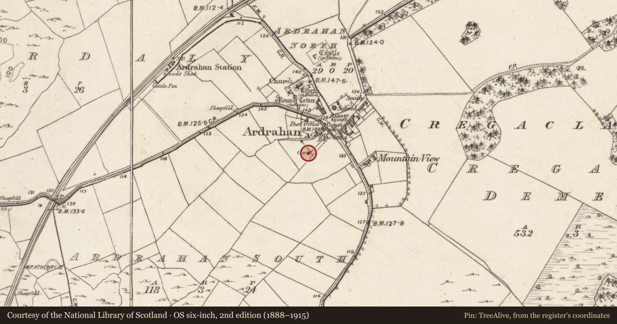 Ordnance Survey six-inch map, 2nd edition (1888–1915) covering the location of Souterrain, Ardrahan South, County Galway, with a pin at the register's coordinates