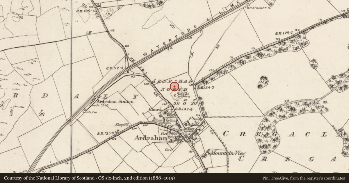 Ordnance Survey six-inch map, 2nd edition (1888–1915) covering the location of Earthwork, Ardrahan North, County Galway, with a pin at the register's coordinates