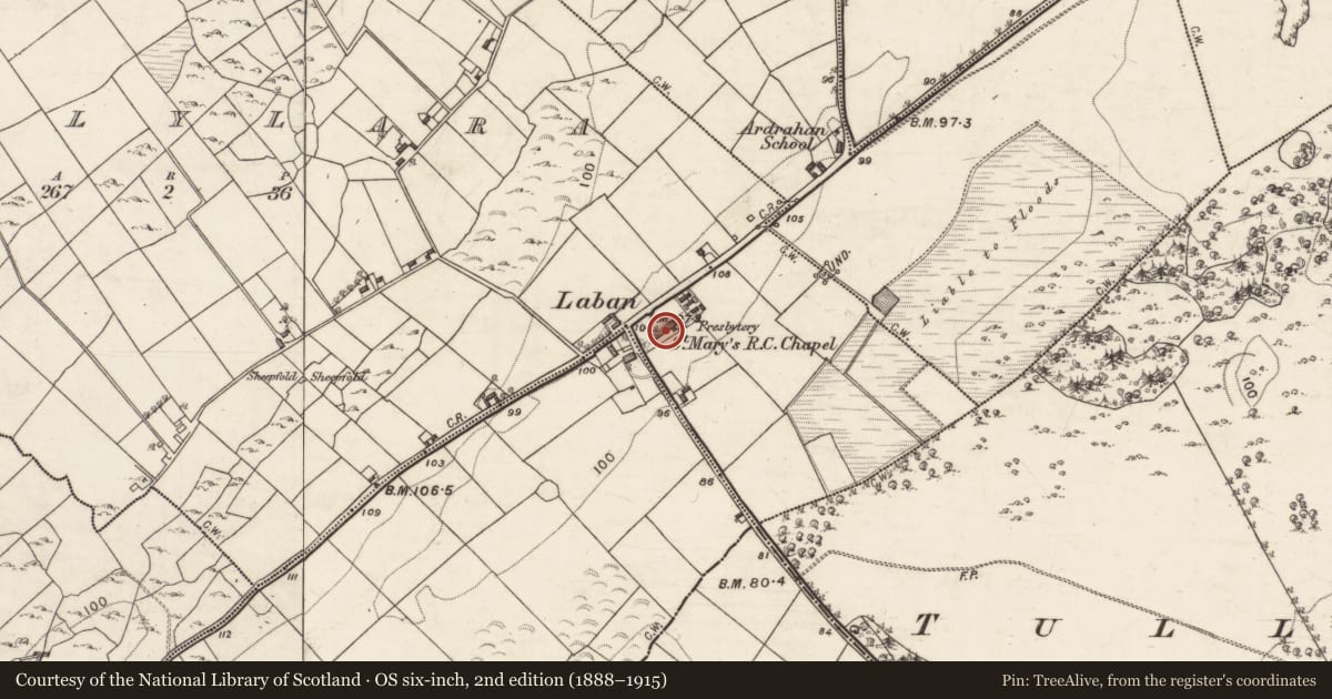 Ordnance Survey six-inch map, 2nd edition (1888–1915) covering the location of Church, Ballylara, County Galway, with a pin at the register's coordinates