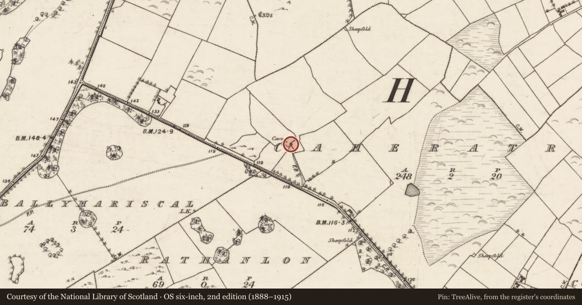 Ordnance Survey six-inch map, 2nd edition (1888–1915) covering the location of Ringfort - cashel, Caheratrim, County Galway, with a pin at the register's coordinates