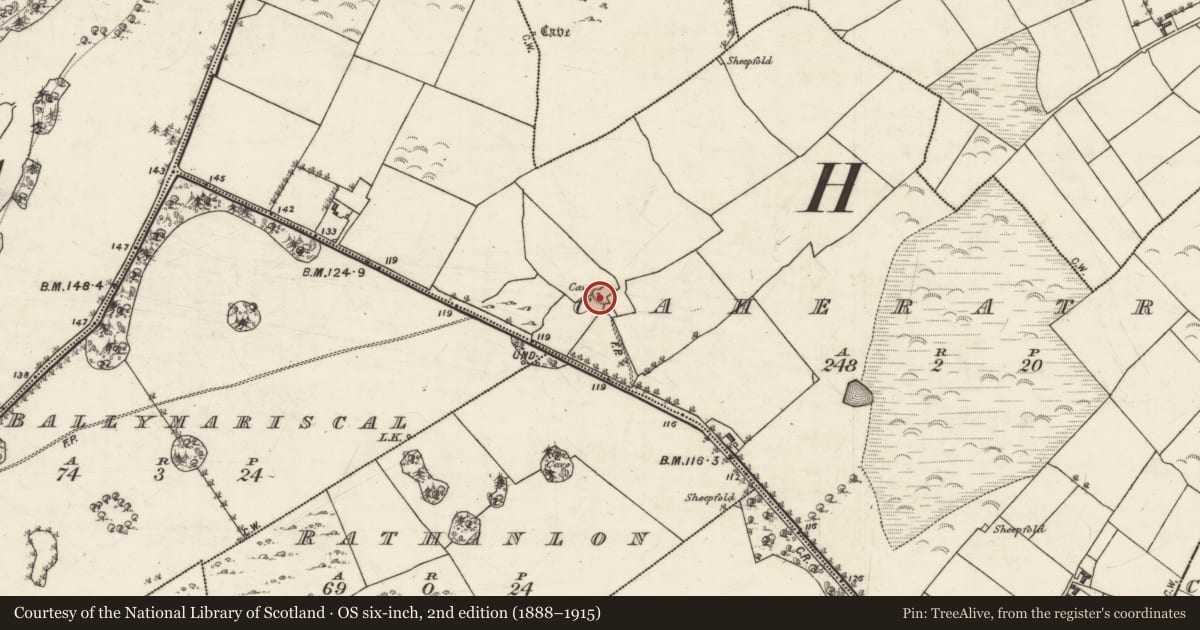 Ordnance Survey six-inch map, 2nd edition (1888–1915) covering the location of Souterrain, Caheratrim, County Galway, with a pin at the register's coordinates