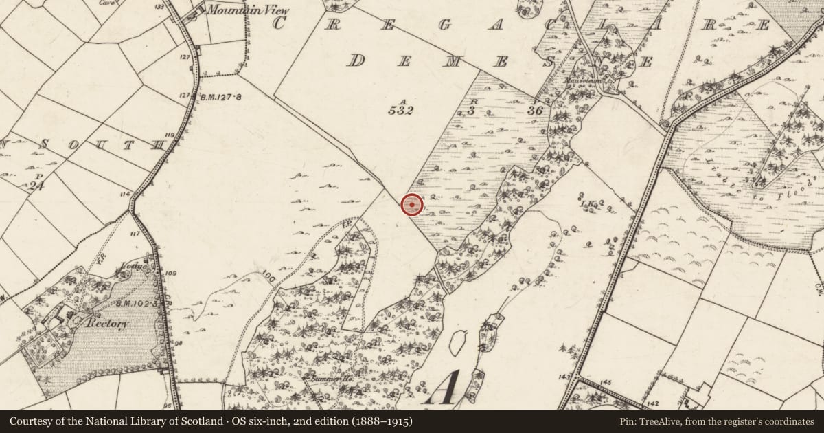 Ordnance Survey six-inch map, 2nd edition (1888–1915) covering the location of Enclosure, Cregaclare Demesne, County Galway, with a pin at the register's coordinates