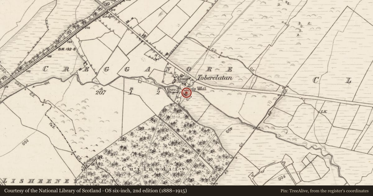 Ordnance Survey six-inch map, 2nd edition (1888–1915) covering the location of Ritual site - holy well, Cregganore, County Galway, with a pin at the register's coordinates